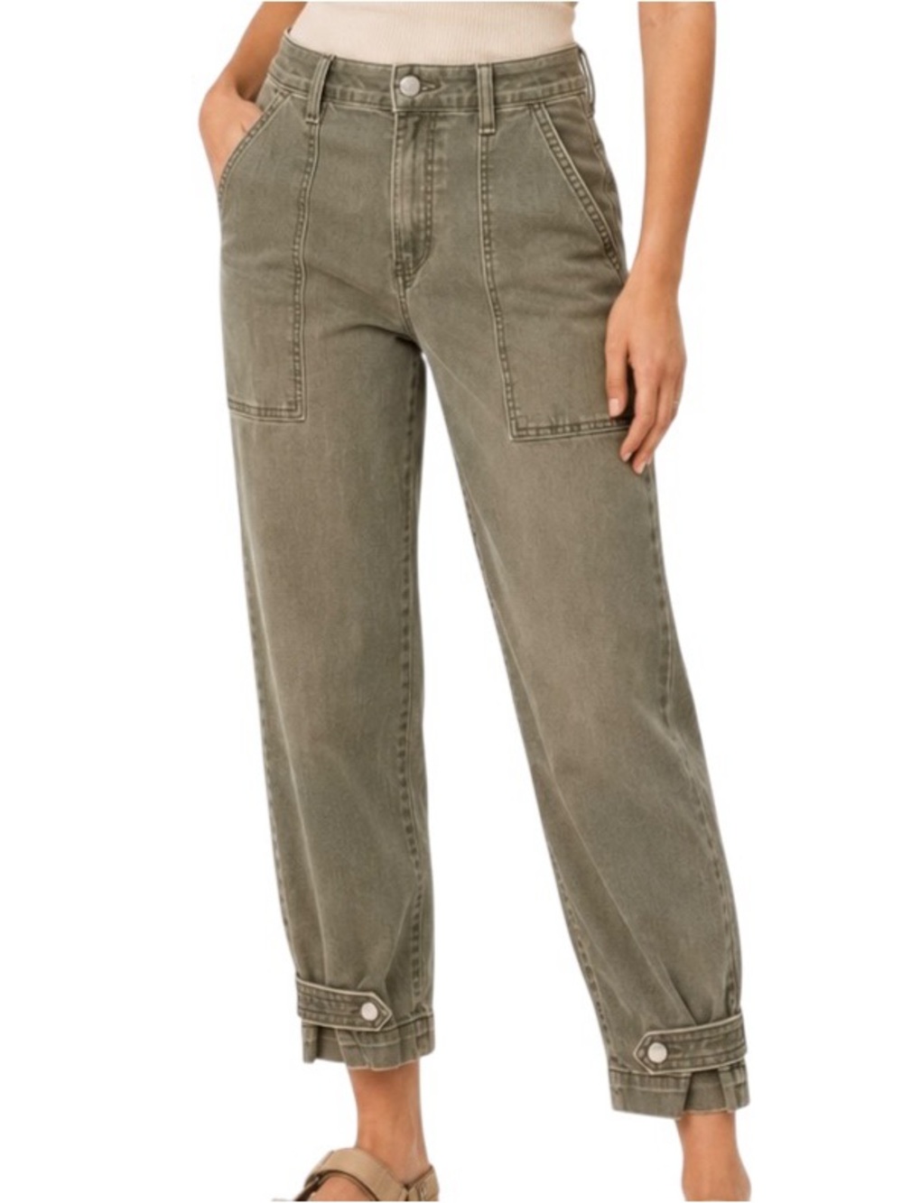 Express Olive High Rise Cropped Utility Jogger Jeans Size 12 Snap Hem